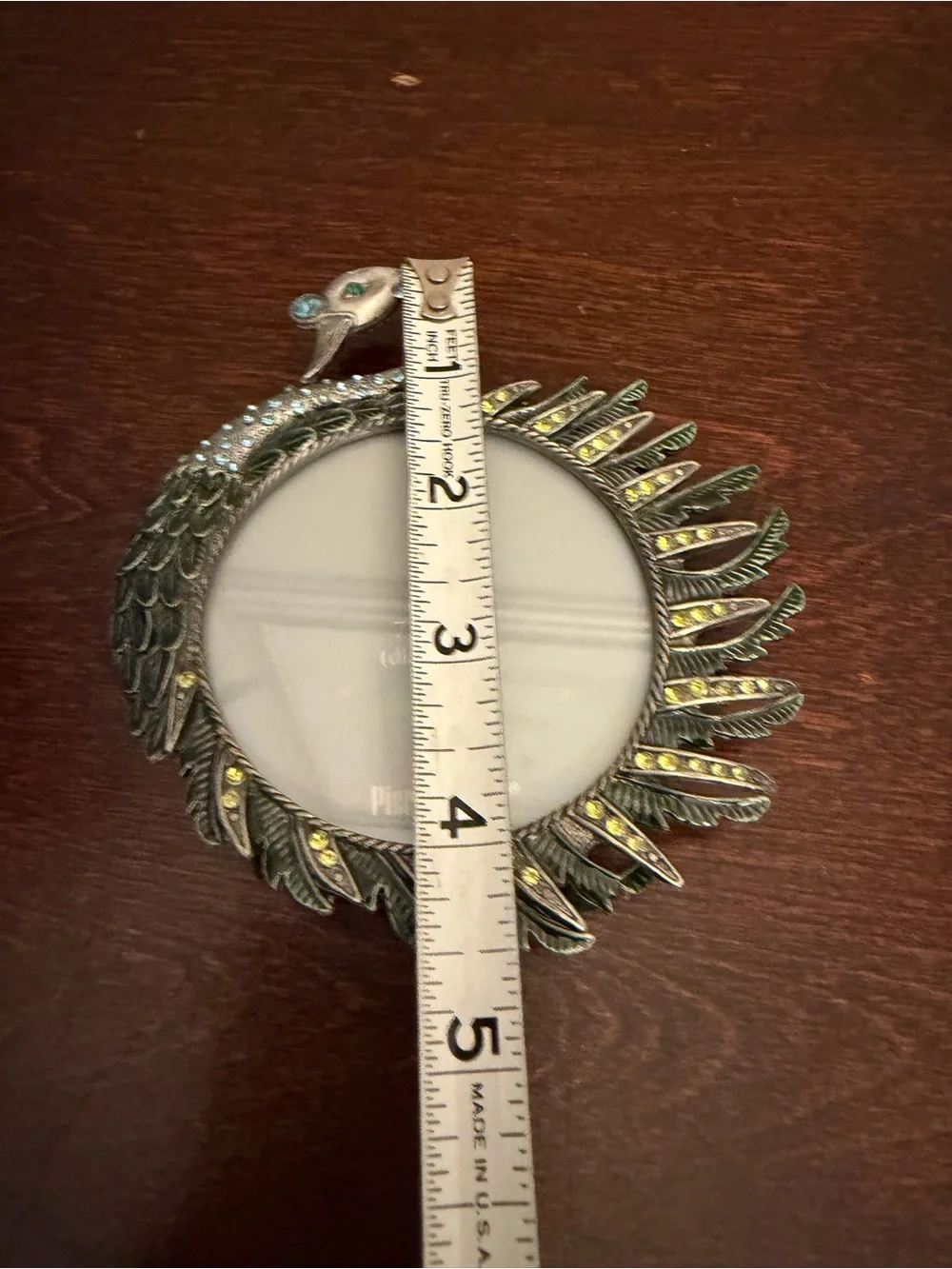 Pier 1 Imports Miniature Picture Frame Jeweled Swan 3” Round Metal And Enamel